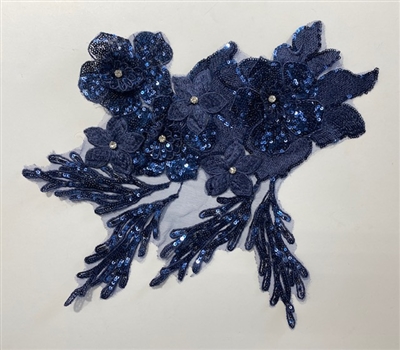 APL-BED-125-NAVY-3D. Beaded Applique - 3D on Net. - Navy with Sequins - 11" x 11" - Each $5