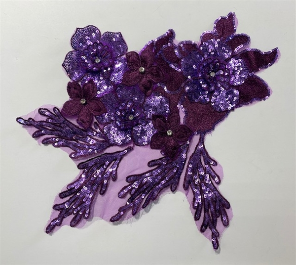 APL-BED-125-PURPLE-3D. Beaded Applique - 3D on Net. - Purple with Sequins - 11" x 11" - Each $5