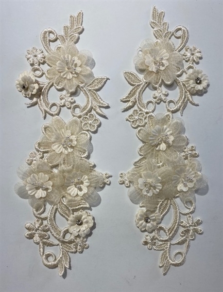 APL-BED-126-CHAMPAGNE--3D-PAIR.  Beaded Applique - 3D on Net. - Champagne with Crystals and Beads 11" x 5"