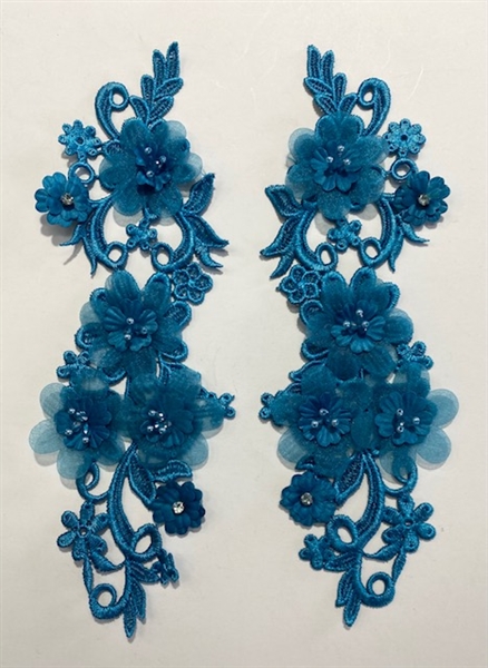 APL-BED-126-TURQUOISE--3D-PAIR.  Beaded Applique - 3D on Net. - Turquoise with Crystals and Beads 11" x 5" - Pair $6