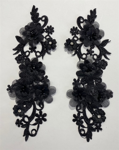 APL-BED-126-BLACK-3D-PAIR.  Beaded Applique - 3D on Net. - BLACK with Crystals and Beads 11" x 5"
