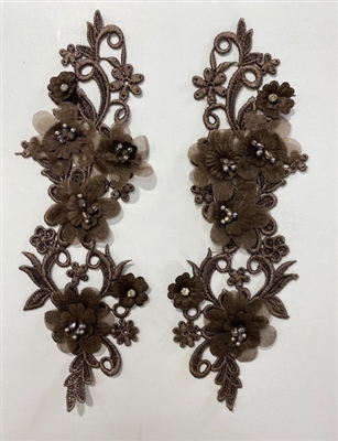 APL-BED-126-BROWN-3D-PAIR.  Beaded Applique - 3D on Net. - Brown with Sequins -and Beads 11" x 5" - Pair $6