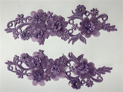 APL-BED-126-LILAC-3D-PAIR. Beaded Applique - 3D on Net. - Lilac with Sequins -and Beads 11" x 5" - Pair