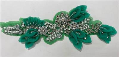 APL-BED-127-GREEN-3D. Beaded Applique - 3D on Net. - Green with Sequins, Beads, and Pearls 11" x 5" - Each $12