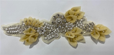APL-BED-127-LIGHTBROWN-3D. Beaded Applique - 3D on Net. - Light Brown with Sequins, Beads, and Pearls 11" x 5" - Each $12