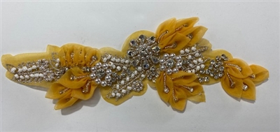 APL-BED-127-MUSTARD-3D. Beaded Applique - 3D on Net. - Mustard with Sequins, Beads, and Pearls 11" x 5" - Each $12