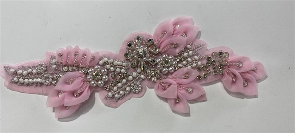 APL-BED-127-PINK-3D. Beaded Applique - 3D on Net. - Pink with Sequins, Beads, and Pearls 11" x 5" - Each $12