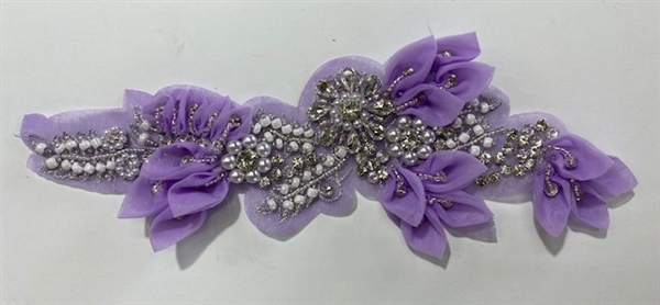 APL-BED-127-PURPLE-3D. Beaded Applique - 3D on Net. - Purple with Sequins, Beads, and Pearls 11" x 5" - Each $12