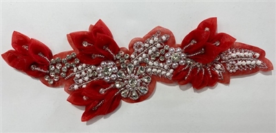 APL-BED-127-RED-3D. Beaded Applique - 3D on Net. - Red with Sequins, Beads, and Pearls 11" x 5" - Each $12