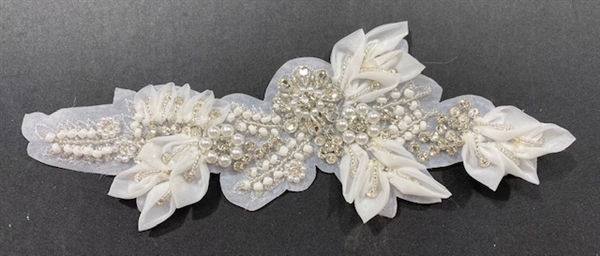 APL-BED-127-WHITE-3D. Beaded Applique - 3D on Net. - White with Sequins, Beads, and Pearls 11" x 5" - Each $12