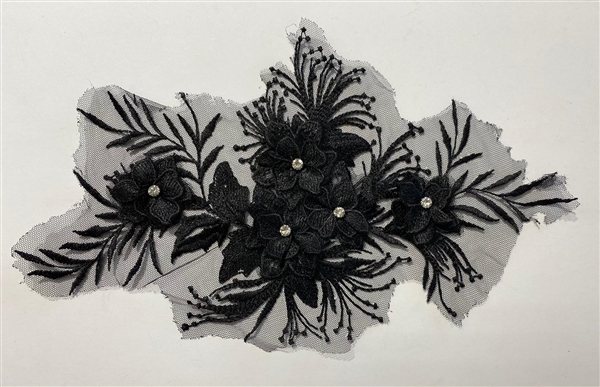 APL-BED-128-BLACK-3D. Beaded Applique - 3D on Net. - Black with Crystals - 12" x 7" - Each $5