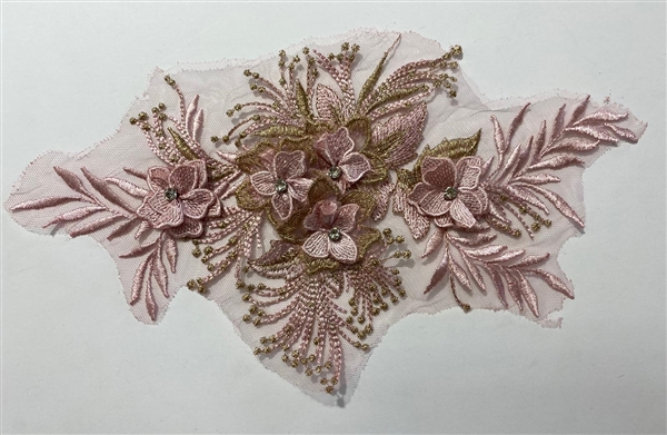 APL-BED-128-BLUSH-3D. Beaded Applique - 3D on Net. - Blush with Crystals - 12" x 7" - Each $5