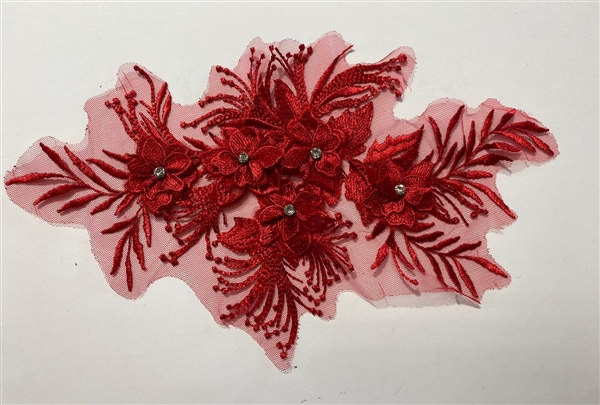 APL-BED-128-BURGUNDY-3D. Beaded Applique - 3D on Net. - Burgundy with Crystals - 12" x 7" - Each $5