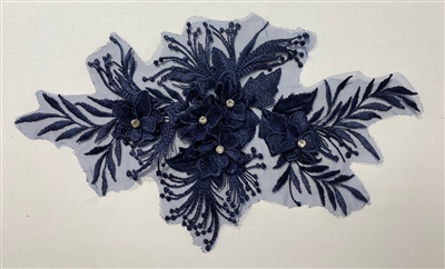APL-BED-128-NAVY-3D. Beaded Applique - 3D on Net. - Navy with Crystals - 12" x 7" - Each $5