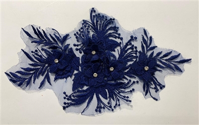 APL-BED-128-ROYALBLUE-3D. Beaded Applique - 3D on Net. - Royal Blue with Crystals - 12" x 7" - Each $5