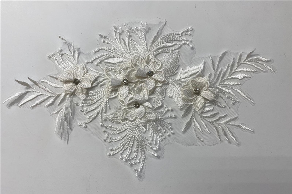 APL-BED-128-WHITE-3D. Beaded Applique - 3D on Net. - White with Crystals - 12" x 7" - Each $5