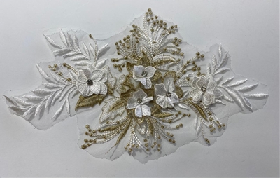 APL-BED-128-WHITEGOLD-3D. Beaded Applique - 3D on Net. - White and Gold  with Crystals - 12" x 7" - Each $5