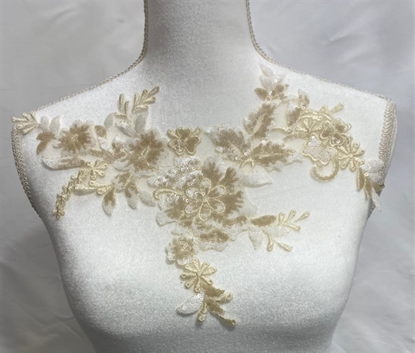 APL-BED-129-CHAMPAIGN-3D.   Beaded Applique - 3D on Net. - Champaign with Sequins - 12" x 7"