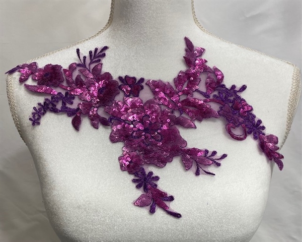 APL-BED-129-FUCHSIA-3D.   Beaded Applique - 3D on Net. - Fuchsia and Pink  with Sequins - 12" x 7" - Each $7