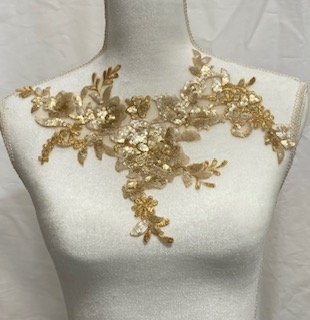 APL-BED-129-GOLD-3D.   Beaded Applique - 3D on Net. - Gold with Sequins - 12" x 7"