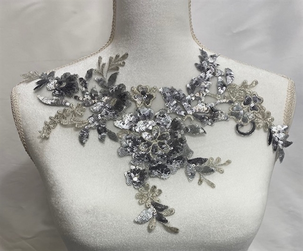 APL-BED-129-GRAYSILVER-3D.   Beaded Applique - 3D on Net. - Gray Silver with Sequins - 12" x 7"
