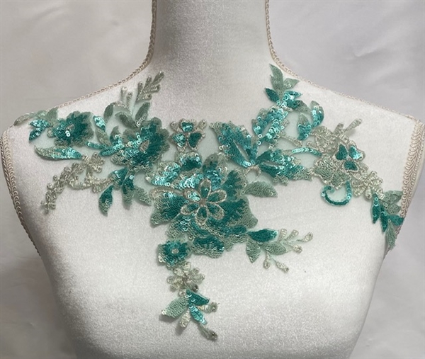 APL-BED-129-MINT-3D.   Beaded Applique - 3D on Net. - Mint with Sequins - 12" x 7"
