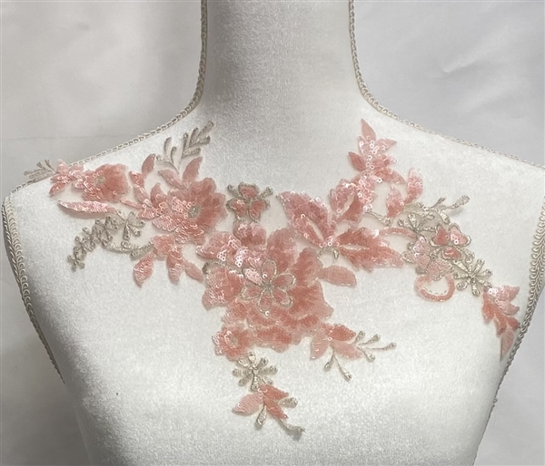 APL-BED-129-PEACHSILVER-3D.   Beaded Applique - 3D on Net. - Peach Sequins with Silver Embroidery - 12" x 7"