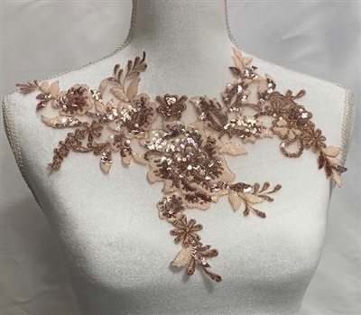 APL-BED-129-ROSEGOLD-3D.   Beaded Applique - 3D on Net. - Rose-Gold with Sequins - 12" x 7"