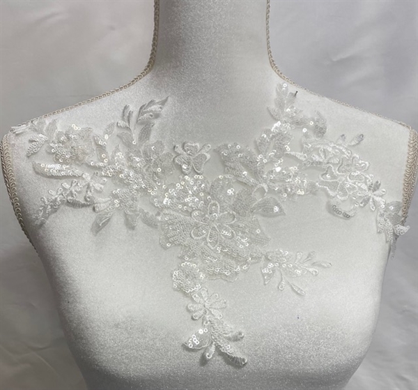 APL-BED-129-WHITE-3D.   Beaded Applique - 3D on Net. - White with Sequins - 12" x 7"