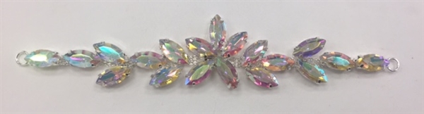 BKL-RHS-016-AB. AB Crystals on Silver Applique / Buckle - 6 X 1 Inches. Has hooks at booth ends. Very versatile accessory on garments and swim-suits.