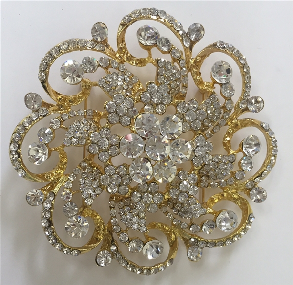 BRO-RHS-263-GOLD.  Crystal Rhinestone Brooch - 3.5 Inches