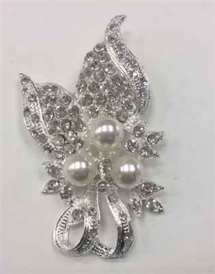 BRO-RHS-266-SILVER. Clear Rhinestones and Pearls on Silver Metal Broach - 1.5 x 3 Inches