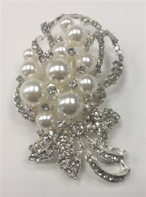 BRO-RHS-267-SILVER. Clear Rhinestones and Pearls on Silver Metal Broach - 1.5 x 3 Inches