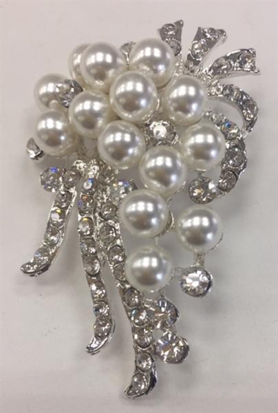 BRO-RHS-268-SILVER. Clear Rhinestones and Pearls on Silver Metal Broach - 1.5 x 2.5 Inches