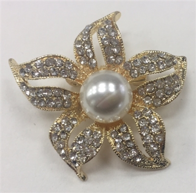 BRO-RHS-270-GOLD. Clear Rhinestones and Pearls on Gold Metal Brooch - 1.5 x 1.5 Inches