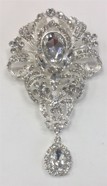 BRO-RHS-271-SILVER. Clear Rhinestones on Silver Metal Brooch - 4 x 2 Inches