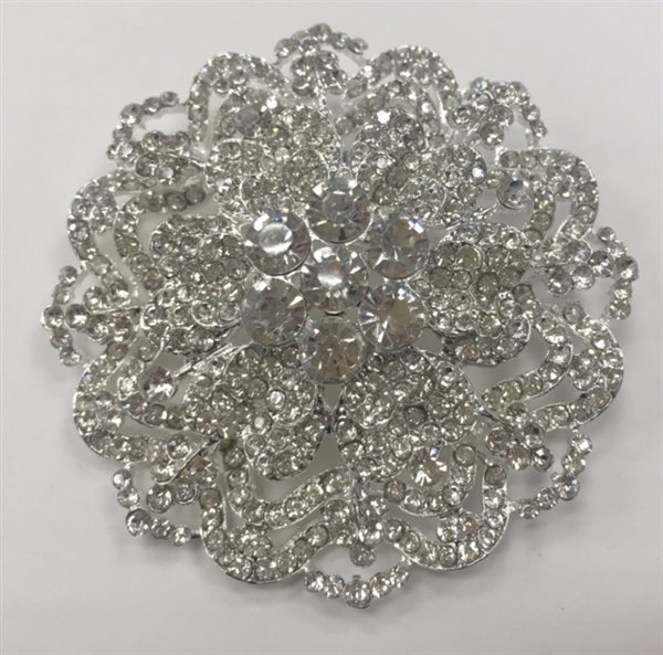 BRO-RHS-276-SILVER. Clear Rhinestones on Silver Metal Brooch - 3 x 3 Inches