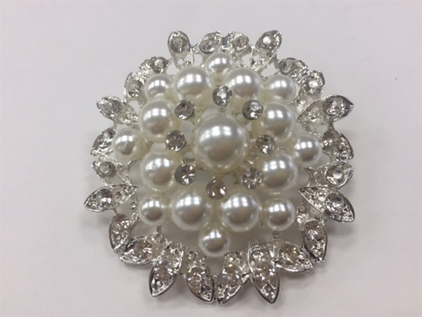 BRO-RHS-277-SILVER. Clear Rhinestones and White Pearls on Silver Metal Brooch - 2 x 2 Inches