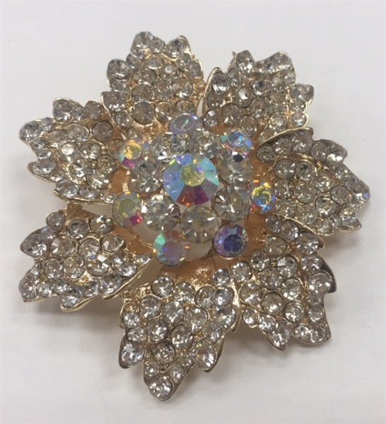 BRO-RHS-278-GOLD. Clear and AB Rhinestones on Gold Metal Brooch - 2 x 2 Inches