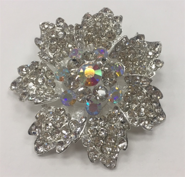 BRO-RHS-278-SILVER. Clear and AB Rhinestones on Silver Metal Brooch - 2 x 2 Inches