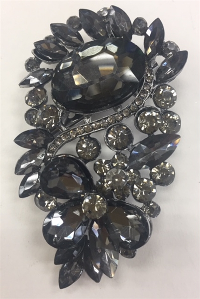 BRO-RHS-280-BLACK. Black Rhinestones on Black Metal Brooch - 3 x 1.5 Inches