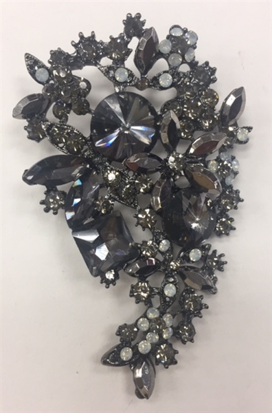 BRO-RHS-281-BLACK. Black Rhinestones on Black Metal Brooch - 3.5 x 2 Inches