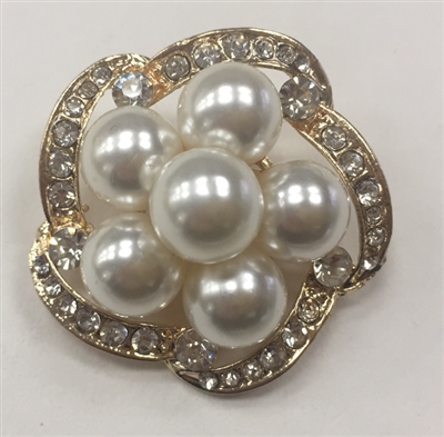 BRO-RHS-282-GOLD. Clear Rhinestones and White Pearls on Gold Metal Brooch - 1.5 x 1.5 Inches