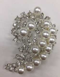 BRO-RHS-284-SILVER. Clear Rhinestones and White Pearls on Silver Metal Brooch - 2 x 1.5 Inches