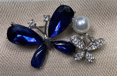 BRO-RHS-419-SILVERROYAL.  Silver Metal - Royal Blue Crystal w/ Pearl Rhinestone Brooch Pin