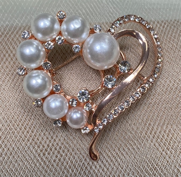 BRO-RHS-427-GOLDCRYSTALPEARL. Rose Gold Metal - Crystal w/ Pearl Rhinestone Brooch - Heart Pin