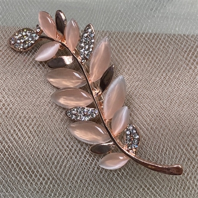 BRO-RHS-431-GOLDPINKLEAF. Rose Gold Metal - Pink Crystal Rhinestone Brooch - Leaf Pin