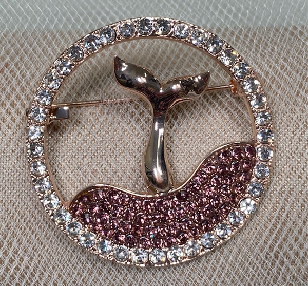 BRO-RHS-432-GOLDPINKWHALE. Rose Gold Metal - Pink Crystal Rhinestone Brooch - Whale Pin