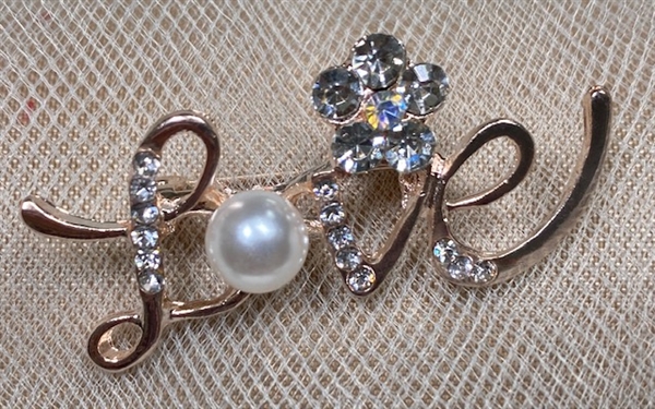 BRO-RHS-433-GOLDCRYSTALLOVE. Rose Gold Metal - Clear Crystal w/ Pearl Rhinestone Brooch - Love Pin