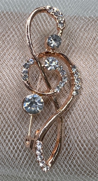 BRO-RHS-435-GOLDCRYSTALMUSIC. Rose Gold Metal - Clear Crystal Rhinestone Brooch - Music Pin